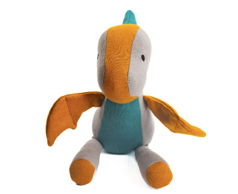 Knitted Organic Cotton Medium Pterodactyl Toy in Grey and Teal