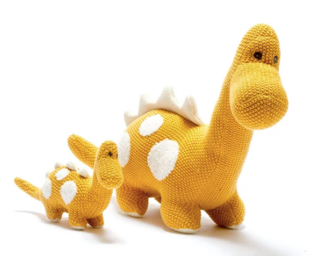 Knitted Organic Cotton Diplodocus – Mustard with White Spots