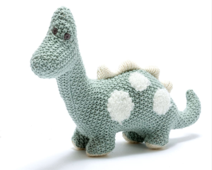 Knitted Organic Cotton Diplodocus – Teal with White Spots