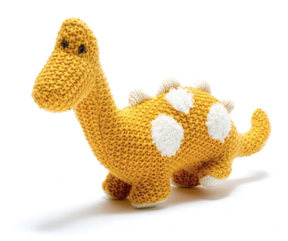 Knitted Organic Cotton Diplodocus – Mustard with White Spots