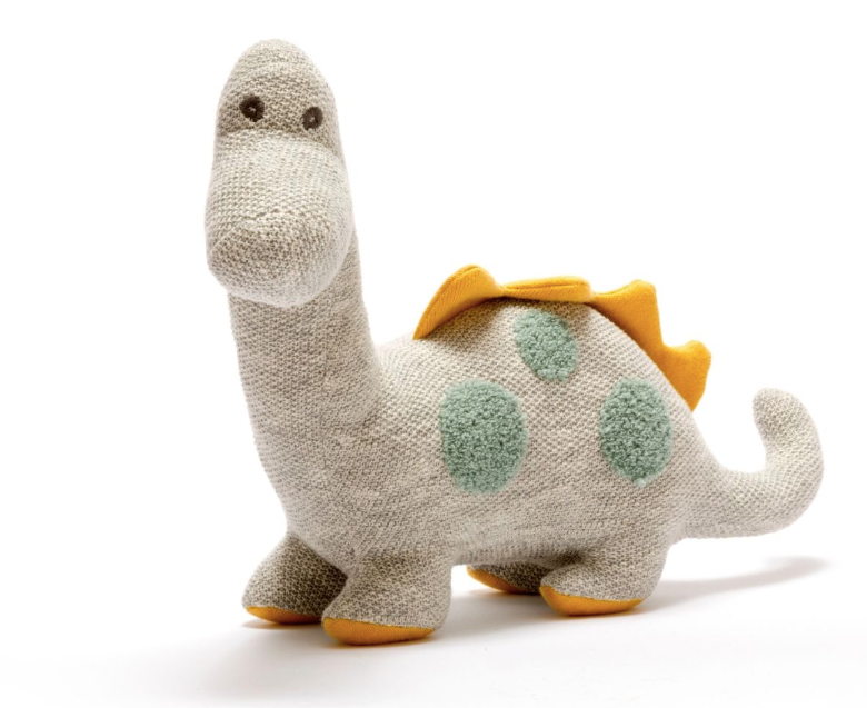 Knitted Organic Cotton Diplodocus Large Dinosaur Toy – Grey with Teal Spots