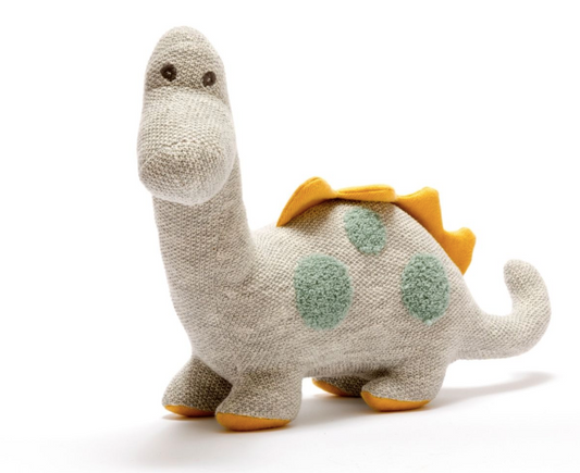 Knitted Organic Cotton Diplodocus Large Dinosaur Toy – Grey with Teal Spots
