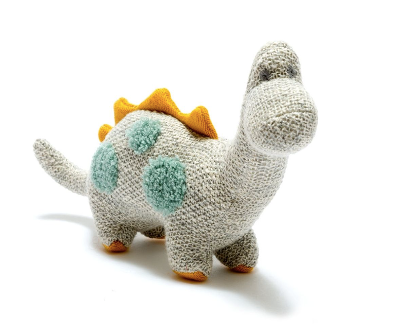 Knitted Organic Cotton Diplodocus Large Dinosaur Toy – Grey with Teal Spots