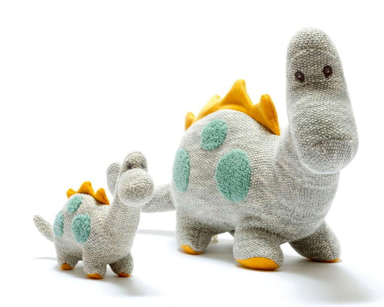 Knitted Organic Cotton Diplodocus Large Dinosaur Toy – Grey with Teal Spots