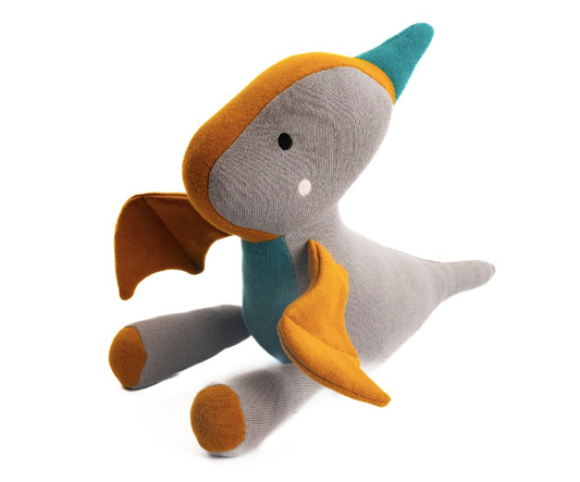 Knitted Organic Cotton Medium Pterodactyl Toy in Grey and Teal